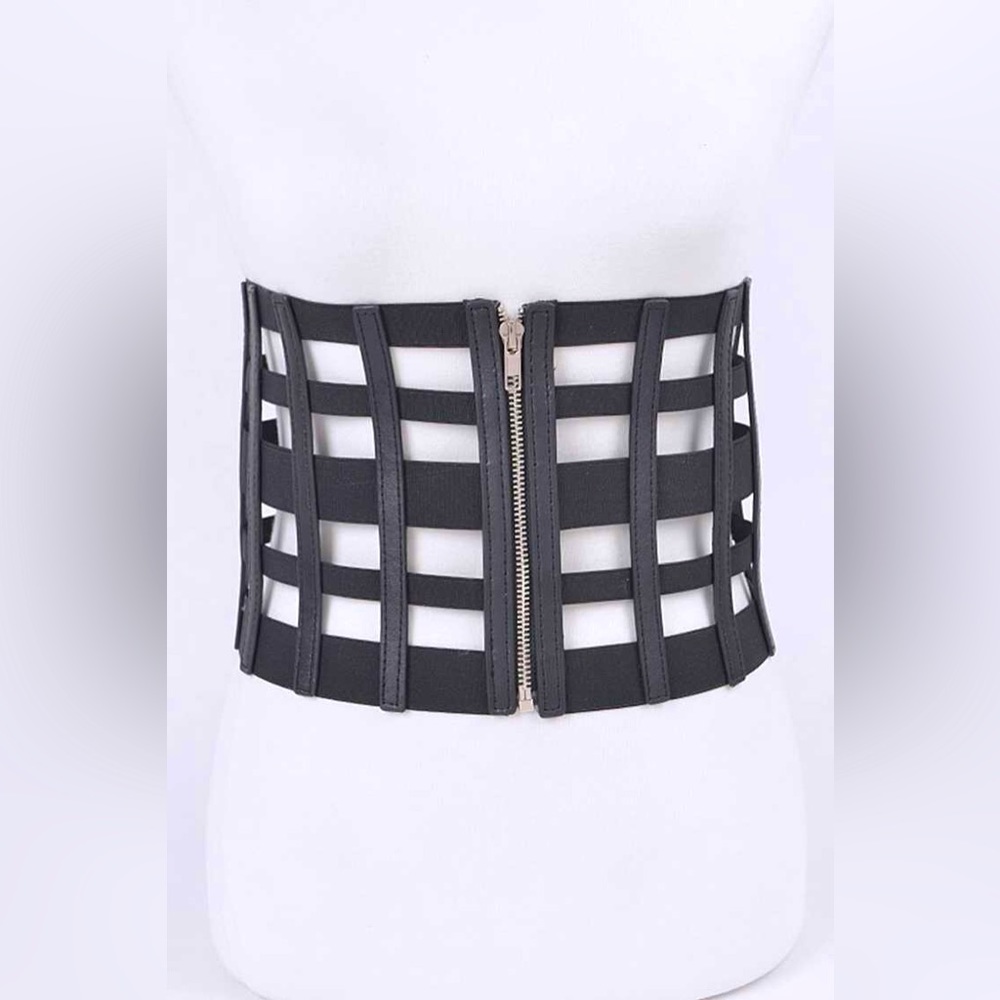 Black Vegan Leather Cage Zip Up Corset Statement Belt